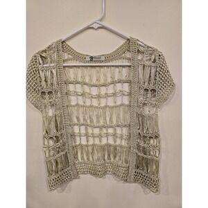 Beaded‎ Crochet Open Front Top Boho Open Weave Cardigan Beige Lightweight S-M